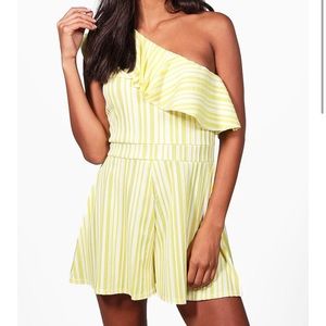 Boohoo one shoulder frill yellow striped playsuit